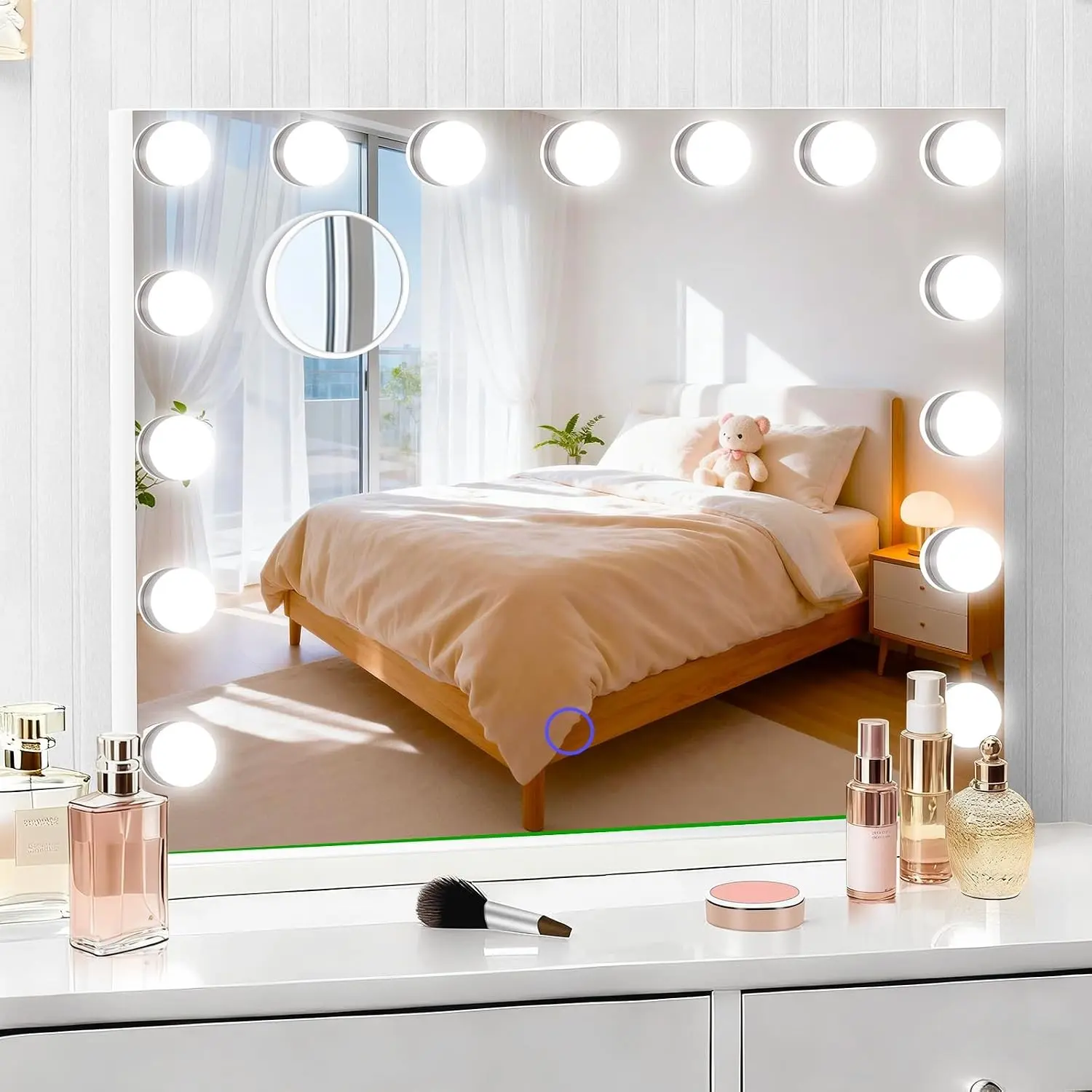 Hollywood Vanity Mirror with Lights, 23" x 18" Lighted Makeup Mirror with 15 Led Bulbs, 3 Color Lights, 10x Magnification, Desk/Wall Mounted, Bedroom College Dorm Room Essentials