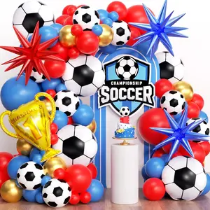 Soccer Party Decorations 160Pcs, World Soccer Balloon Garland Arch Kit with 18'' Football Foil Balloons, Blue Red Gold Football Print Balloons for Boys Sports Fan Birthday Soccer Party Decor