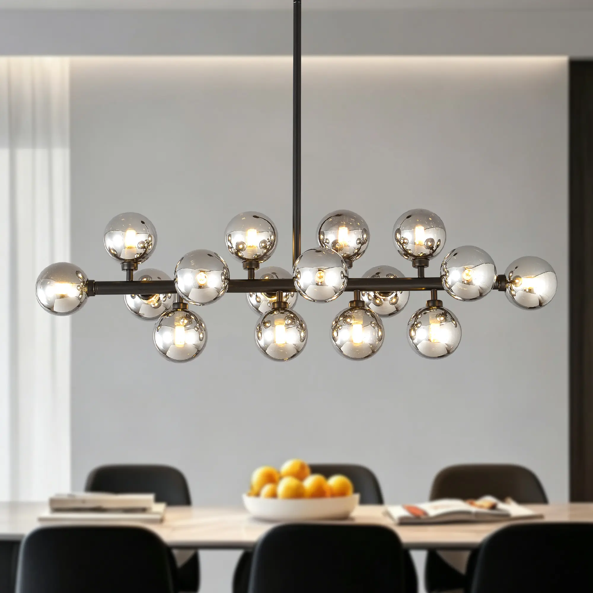 Nokaa 16-Light Modern Farmhouse Pendant Chandelier with Smoke Grey Seeded Glass Shades, Matte Black Metal Hanging Light Fixture for Dining Room, Kitchen Island, Foyer, Bulbs Not Included, Multiple Color Options