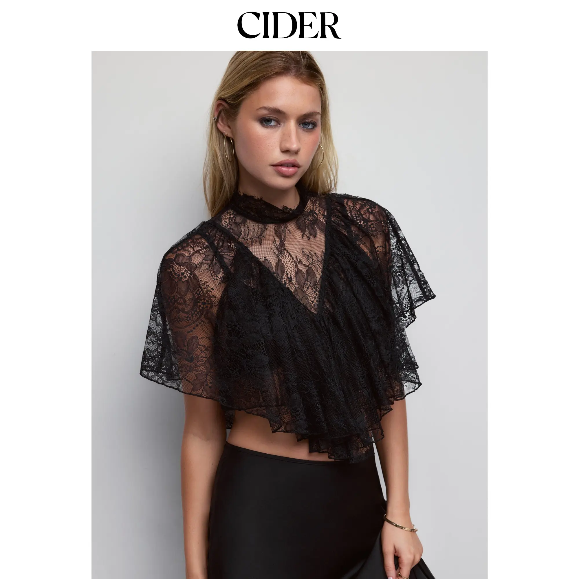 Cider Lace Stand Collar Cloak Sleeve Cut Out Layered Crop Top