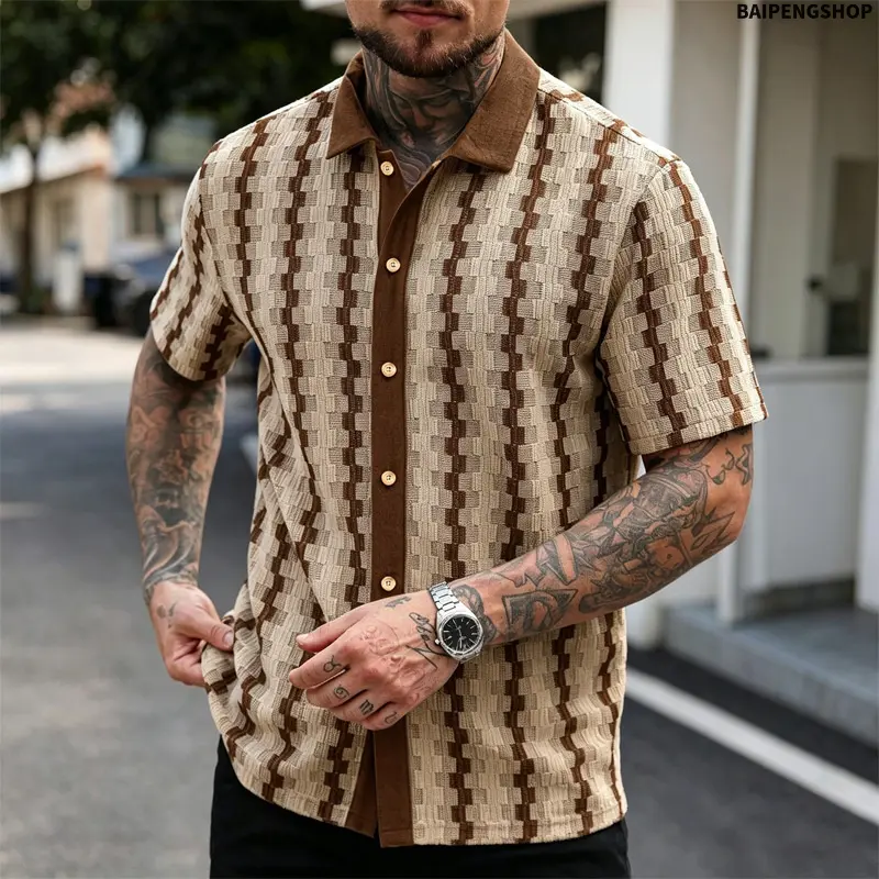 Men's Crochet Knit Shirt, Casual Short Sleeve Striped Top with a Hollow-Out Design and Lace-Up Neck, Lightweight for the Beach