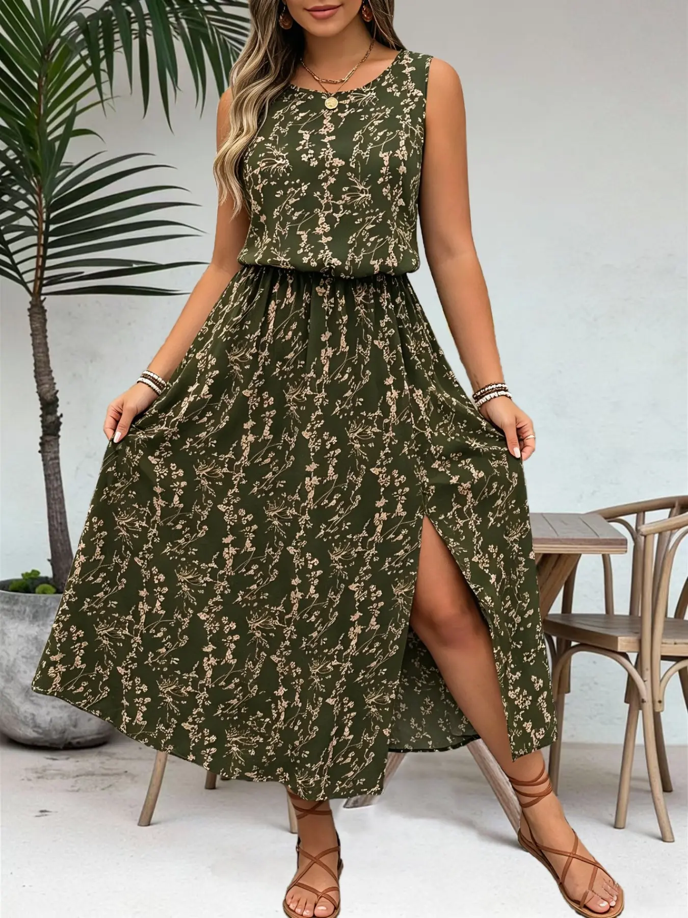 Women's Summer Round Neck Sleeveless Dress, Casual Wear, Side Split Hem, Elastic Waist, Perfect for Daily Commute, Vacation, Parties, Dinners