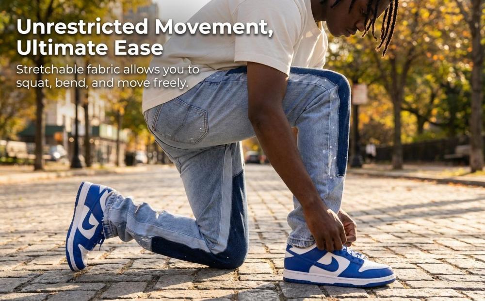 Men's Viral 2026 Trend Flare Denim Jeans Patchwork Paint Splatter Flare Denim Jeans Carpenter Pocket Raw Hem High Street Skate Pants Carpenter Flare Denim Jeans Raw Hem Loose Fit Stretch High Street Skate Pants for Men