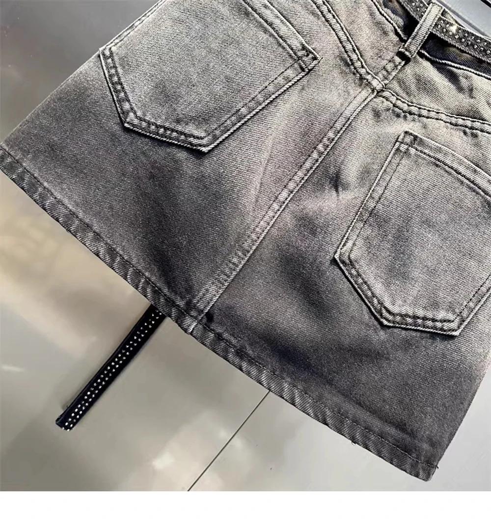 Oversize Retro Diamond Denim Mini Skirt for Women Summer High Waist Shiny Rivet Slim Skirts Gradient Black Grey Jean Skirts, Womenswear Bottom Palda Basic Minimalist