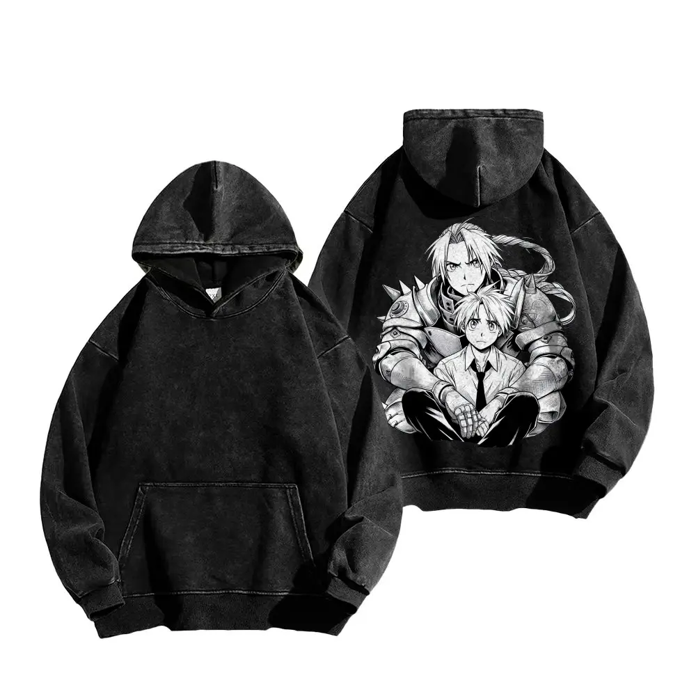 Unisex Vintage Washed Pullover Hoodie, Mecha Armor Japanese Manga Duo Character Graphic Print Hooded Sweatshirt, Oversized Retro Streetwear Fleece Top with Kangaroo Pocket, Multiple Colors Available