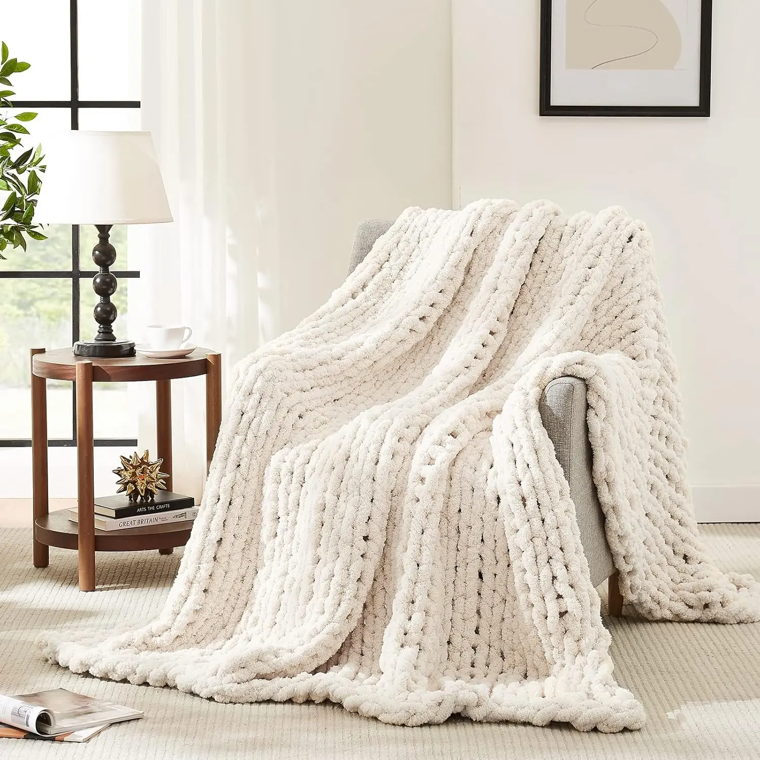 Chunky Knit Throw Blanket for Couch, 50'' x 60'' Knit Throw, Ivory | Handmade Chenille Crochet Blanket for Sofa Bed, Thick Cable Knitted Blankets for Room Home Decor, Birthday Gift for Women Mom