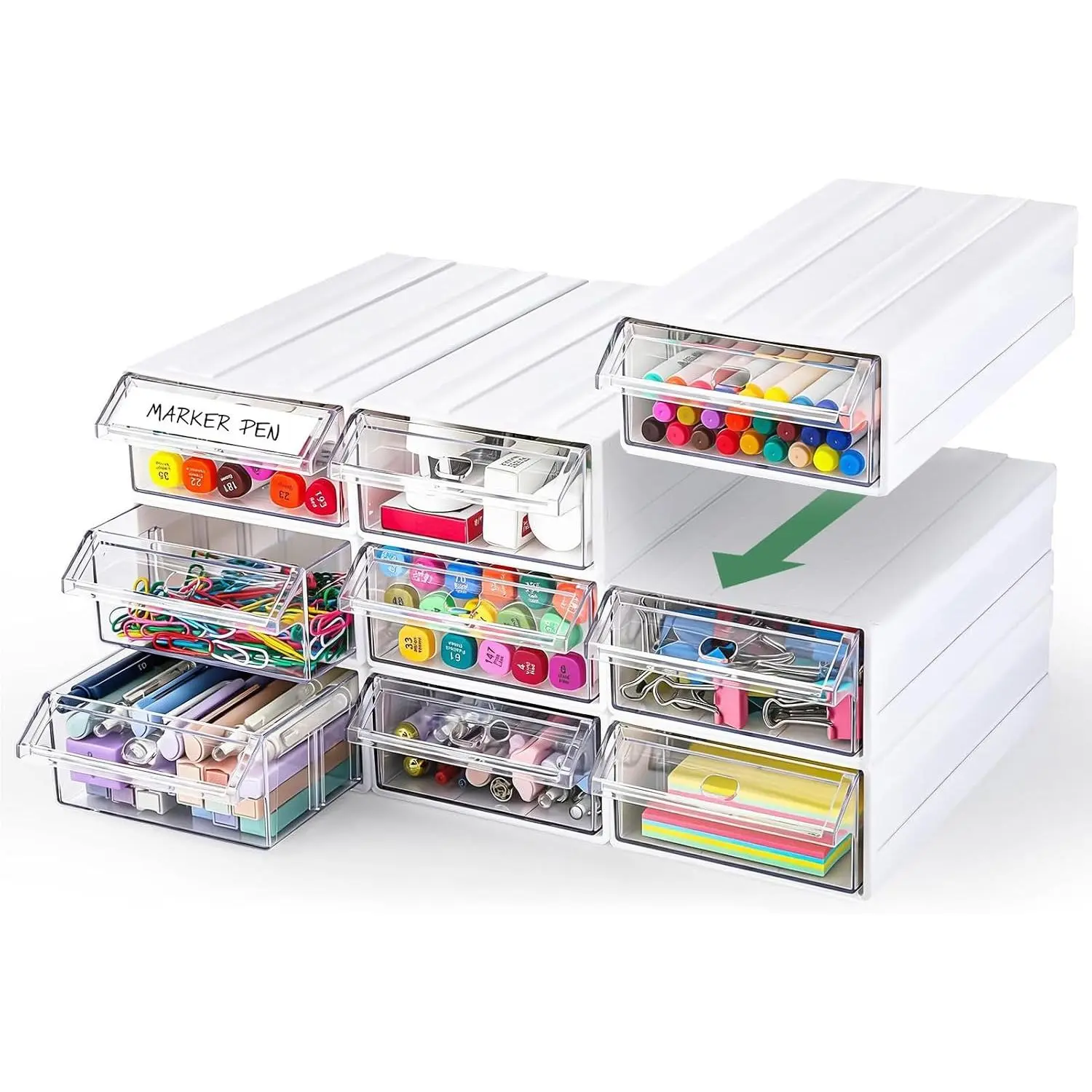 9 count Stacking Drawer Organizers for Office  Dorm Room Supplies | Track to Lock into Each Other, Stackable without Slipping, 8.7"D x 4.1"W x 2.2"H Each, With Clear Dividers & Tag Cards