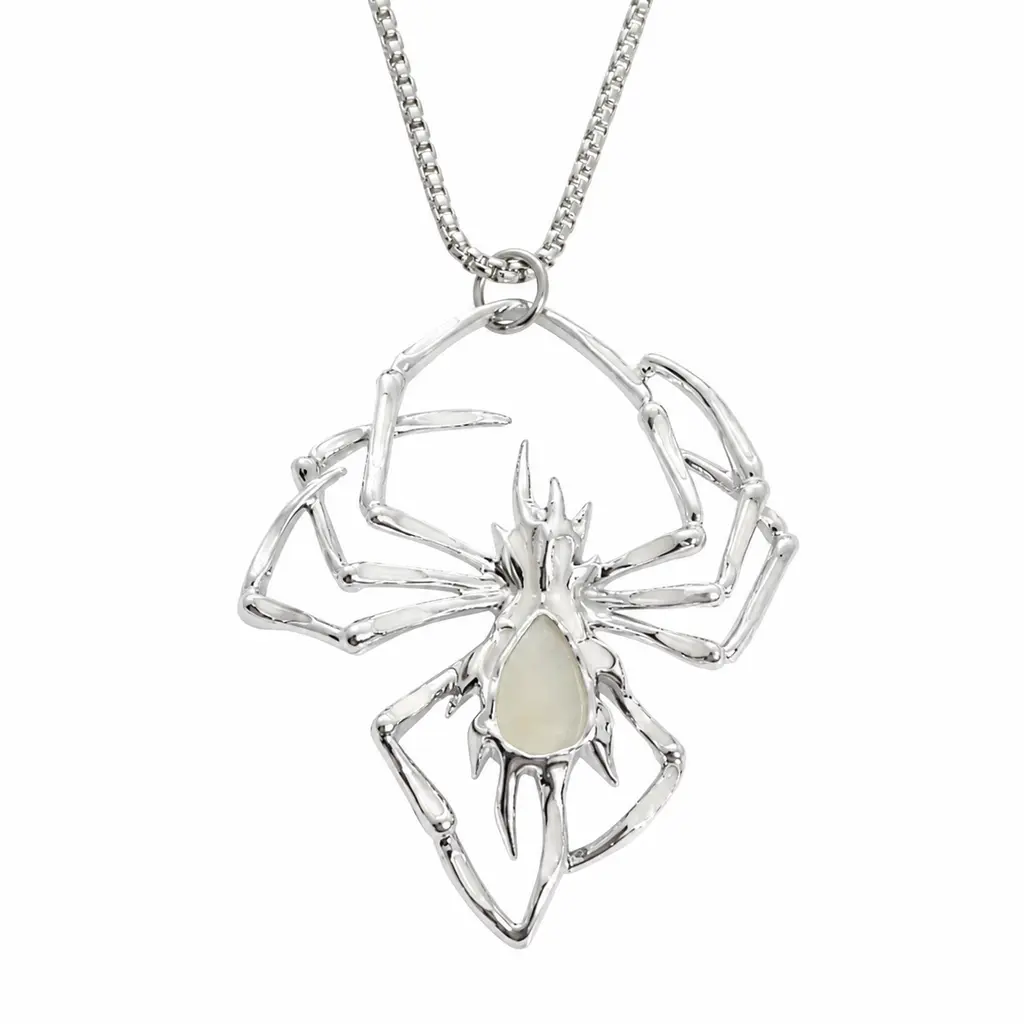 Gothic Spider Necklace, Unisex Hollow Skeleton Pendant in Punk Alloy with Cyan Glow in The Dark, Adjustable Box Chain for Casual & Halloween Wear, Gothic Necklaces, Hollow Skeleton Spider, Baroque, Metal Box Chain, Daily, Long