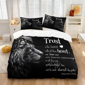 Christian Lion & Bible Verse Theme Duvet Cover Set, Black & White Lion Profile with "Trust in the Lord" Quote Print Quilt Cover & 1 or 2 Pillowcases, Calming Faith-Based Bedroom Decor, Birthday Gift for Christian Adults