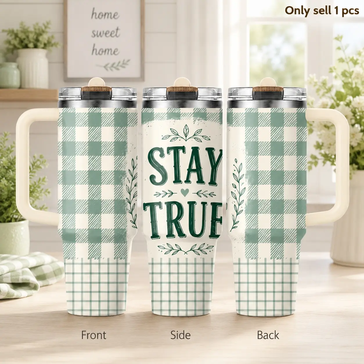 Green Checkered Grid 40oz Tumbler – Minimalist Plaid Stainless Steel Insulated Travel Cup with Handle & Straw Lid for Coffee, Water, Office, Gym, Car Cup Holder, Stylish Everyday Gift
