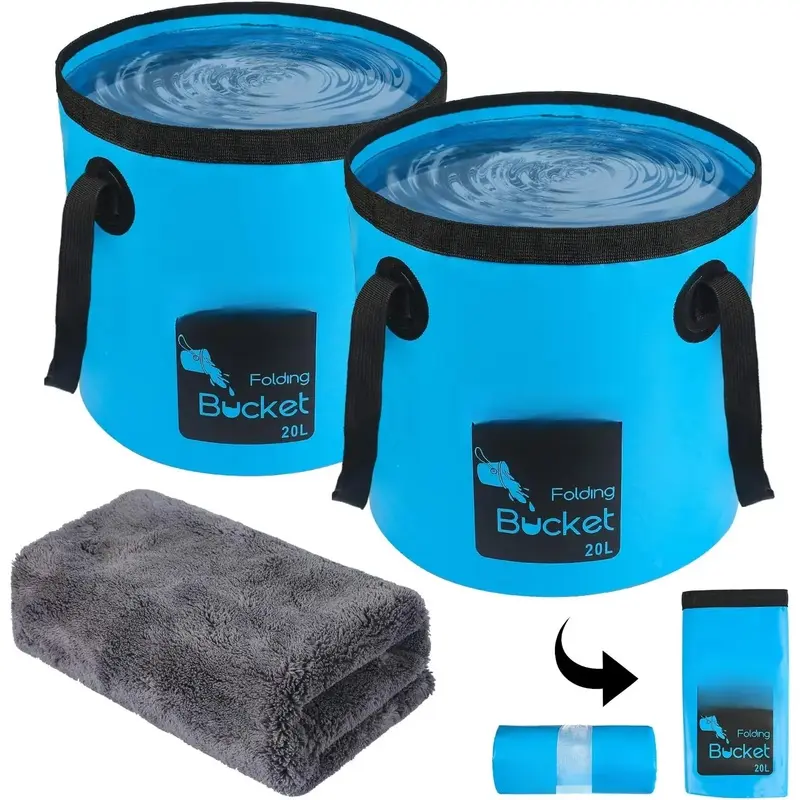 2-Pack Collapsible 5-Gal (20L) Bucket, Portable Folding Water Container & Wash Basin for Outdoor Camping, Home Supplies Storage Organization