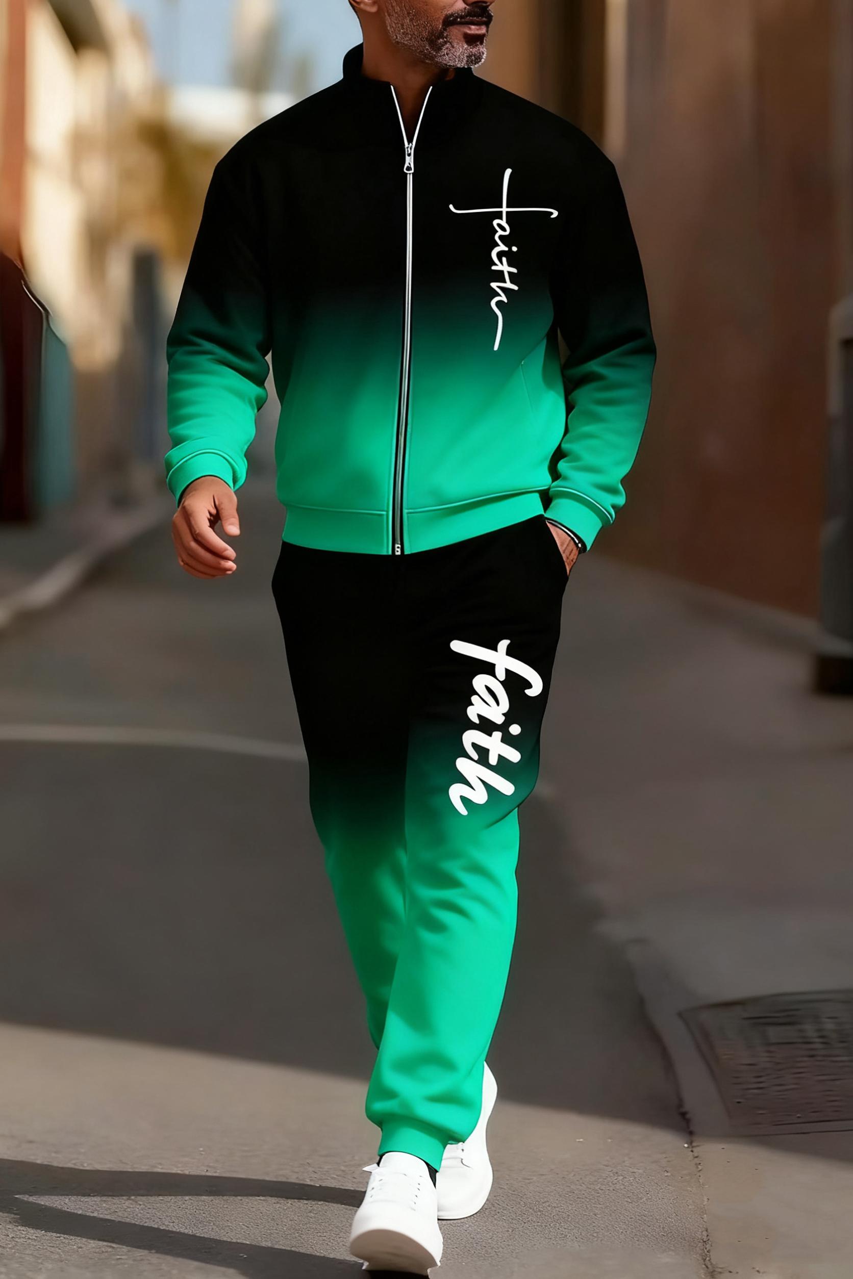 Men's fashionable and casual sportswear featuring a gradient digital print, including a stand-up collar cardigan jacket and pants, making it a two-piece set suitable for daily casual wear and trendy gradient sportswear series, Sporty Style Breathable Acti