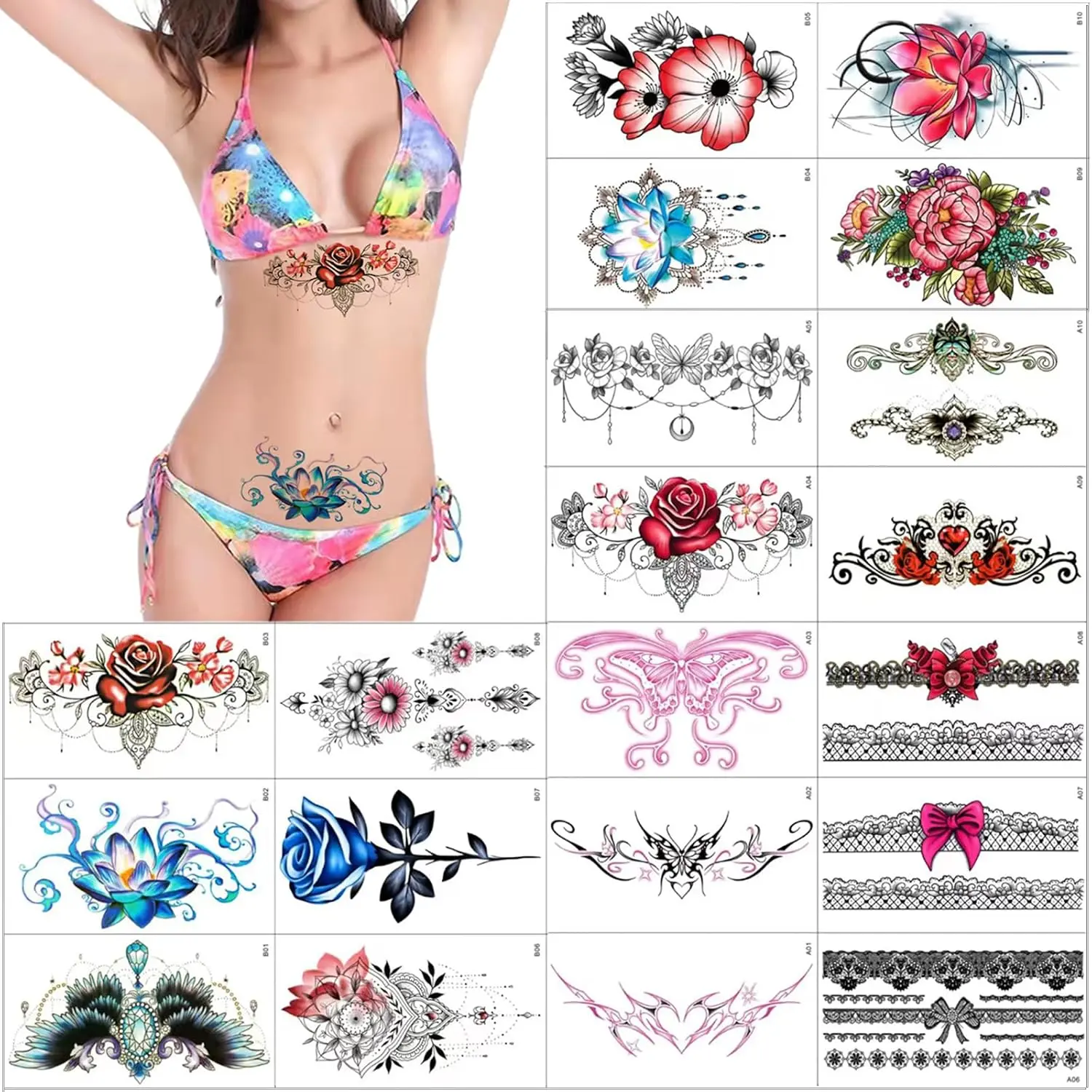 Sexy Flowers Temporary Tattoos 20 Sheets Large Flowers Butterfly Lace Navel Tattoo Stickers Bust Stomach Butt Legs Arms Lower Back Fake Waterproof Tattoos for Women
