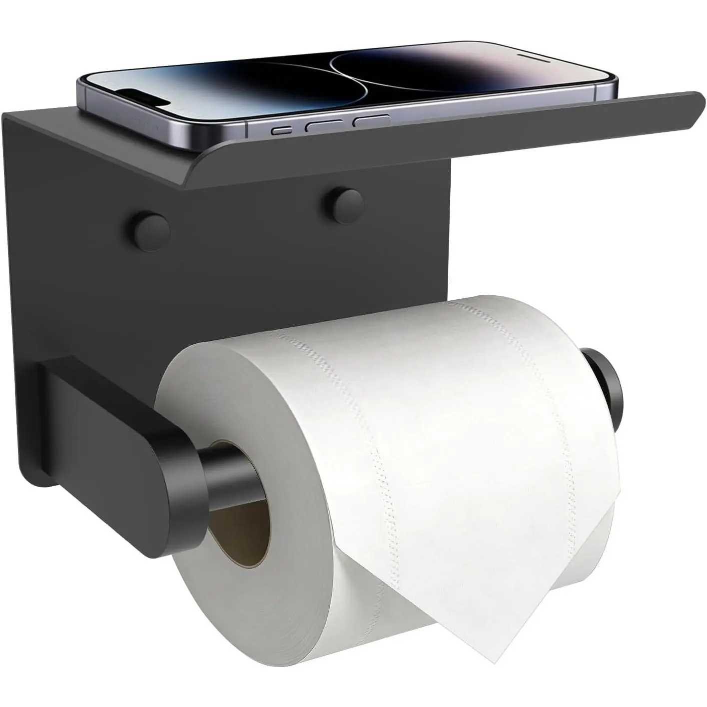 Matte Black Wall-Mount Toilet Paper Holder with Shelf - Rustproof Stainless Steel, Adhesive or Screw-In Installation, Modern Bathroom Accessory, Drop-Proof Hardware