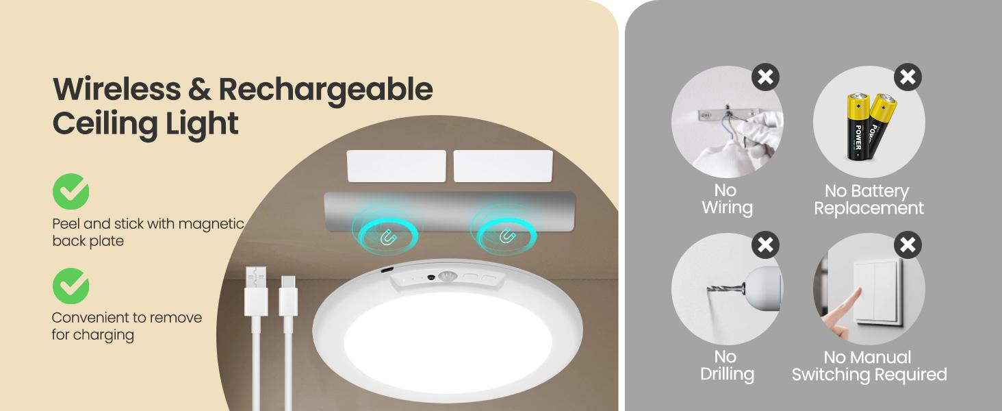 4 Pack-Wireless Motion Sensor Ceiling Light with Remote, Wireless Ceiling Light Battery Operated, No Wiring, Magnetic, Dimmable Shower Light, Timer, 3 Color 6000K, Rechargeable Light for Closet Hallway