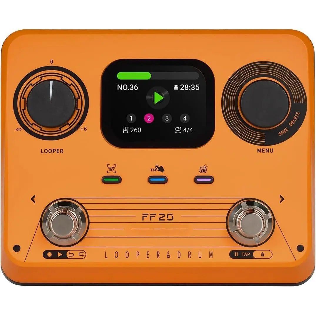 FF20 Looper Pedal Drum Machine, Drum Looper Guitar Pedal with Screen, 300 Min Recording, 220 Drum Grooves, 100 Loop Slots, Time Stretch, Auto Record, USB & Headphone Out, for Guitar and Bass