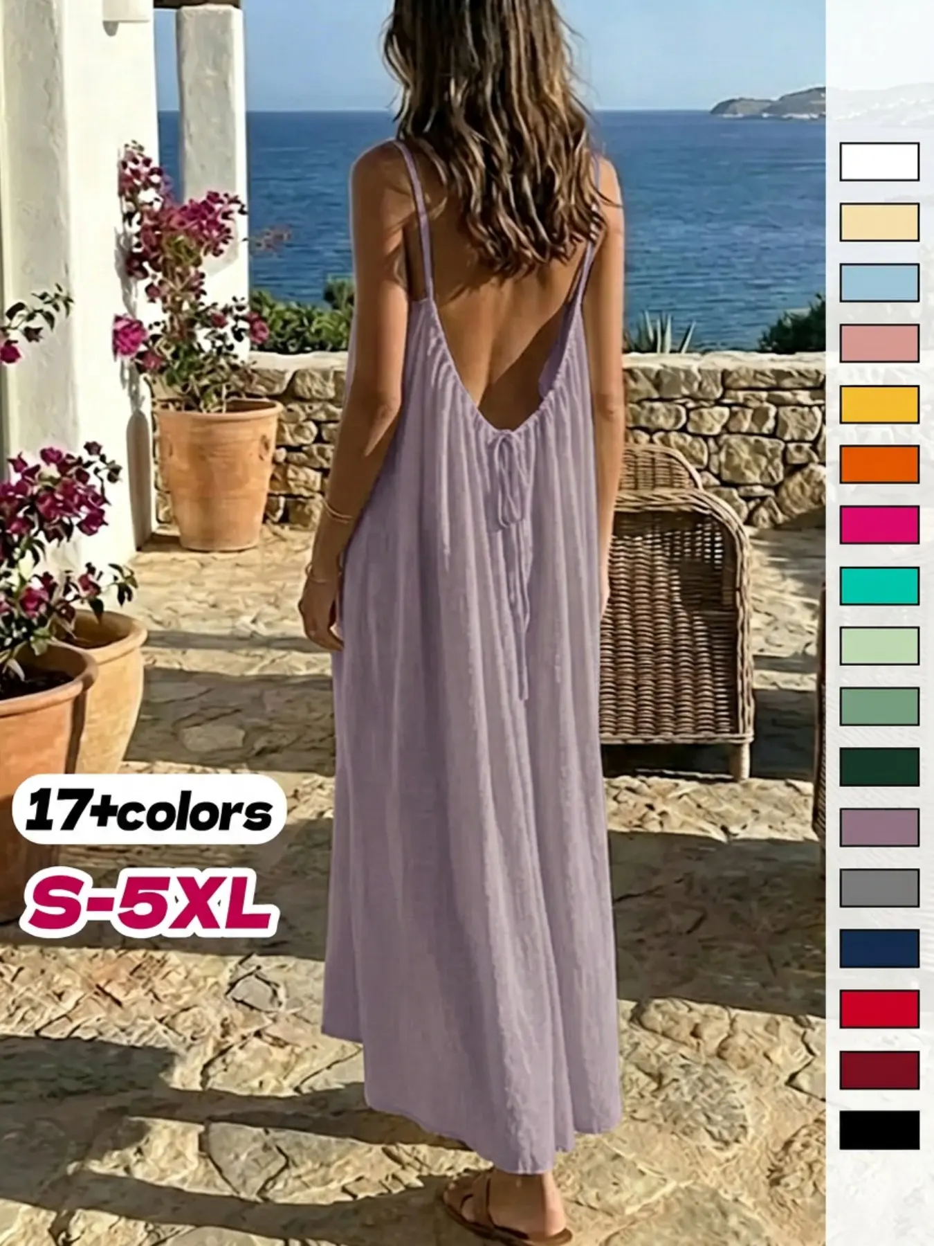 Women's Solid Color Home Dress, Elegant Sleeveless Long Dress, Summer Casual Wear, Indoor Sleepwear Loungewear, Vacation Style, Plus Size, Multiple Colors Available, Bust Size Adjustable with Back Straps