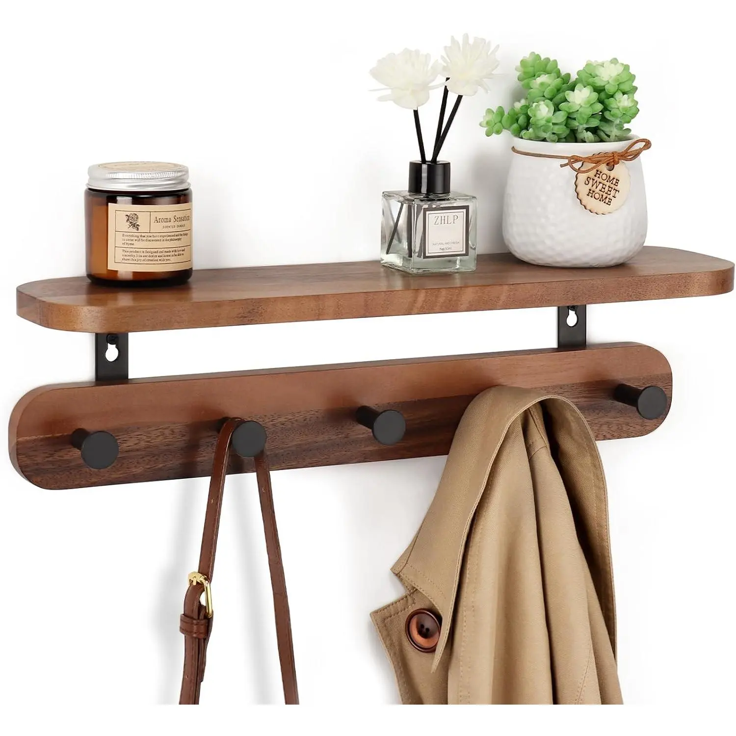 Coat Rack Wall Mount with Shelf, 17" Walnut Wood Wall Shelf with Hooks, Entryway Floating Shelves with 5 Metal Hangers for Coats, Backpacks, Living Room, Bedroom, Bathroom