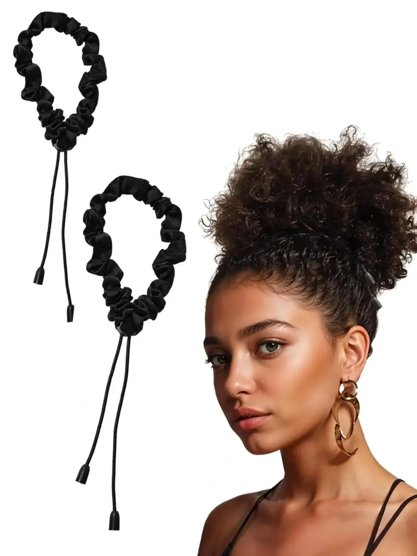 2 Pcs Adjust Satin Hair Wavy Curly Scrunchies for Women Girls, Soft Adjustable Hair Ties for 4c Girlie Thick Curly Natural Hair, Easy to Use Hair Accessories for Afro Puff Loc Ponytails (black)