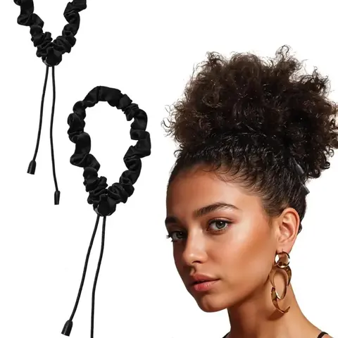 2 Pcs Adjust Satin Hair Wavy Curly Scrunchies for Women Girls, Soft Adjustable Hair Ties for 4c Girlie Thick Curly Natural Hair, Easy to Use Hair Accessories for Afro Puff Loc Ponytails (black)
