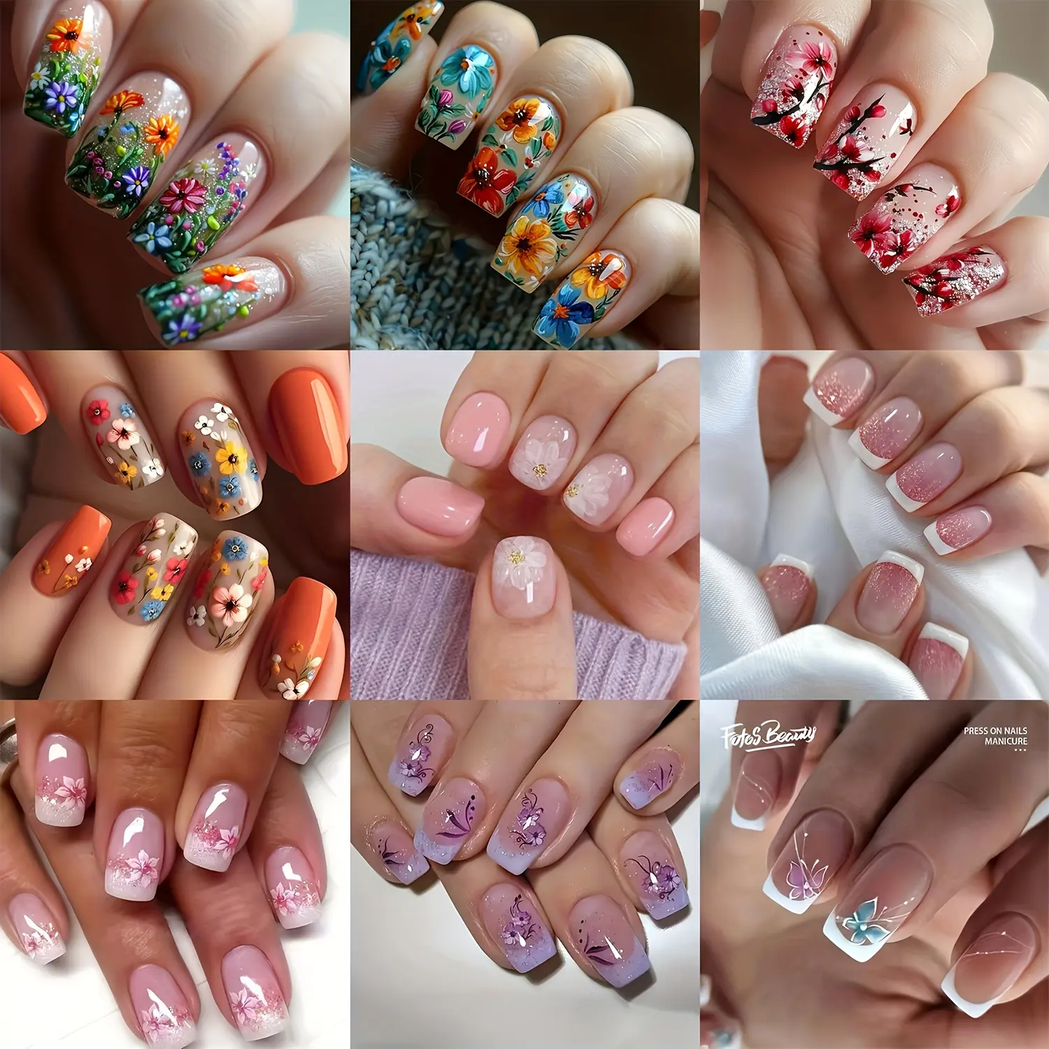 Short Square Temporary Press-On False Nails Set - 9 Boxes (216-Piece) Multicolor Nail Art Kit with Floral, Butterfly, Glitter Designs for Parties, Nails Art