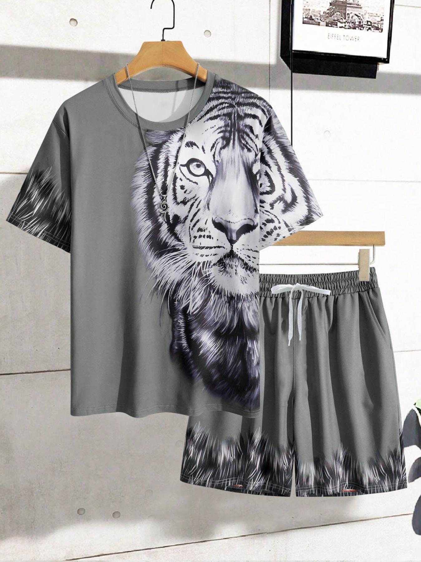 【Plus Size】 Tiger Head Print Tee & Shorts Set, Regular Fit Casual Short Sleeve T-shirt & Shorts, Men's for Summer