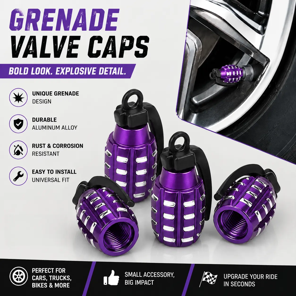 4pcs Aluminum Car Tire Valve Cap Grenade Alloy Tyre Valve Stem Cover Air Dust Cap Tire Valve Truck Bike Wheel Rim Valve Stem Cap Car Tire Caps-YY0