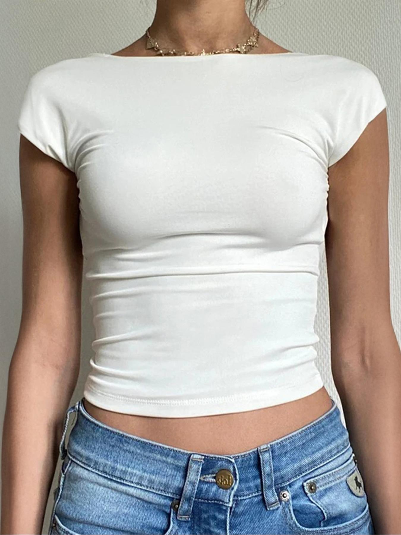 Women's Backless Boat Neck Crop Tee, Lady Comfort Casual Short Sleeve T-Shirt, Ladies Clothes for Daily Streetwear, Tops, Basic Fashion Womenswear