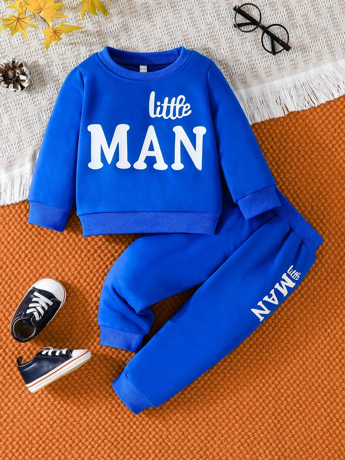 Baby boy tracksuit, soft polyester material, crew neck sweatshirt, elastic pants, blue cozy set Toddler Outfit for 6-24 months in fall winter