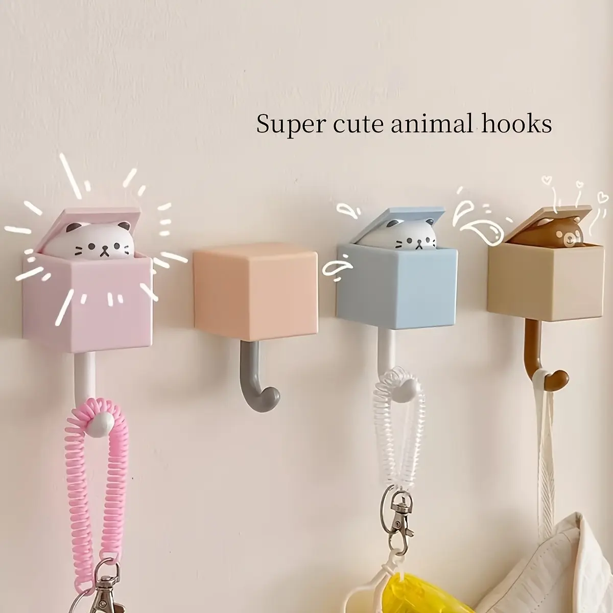 4 Pack Cute Cartoon Self Adhesive Hooks No Drill Heavy Duty Wall Hooks, Stretchable Invisible Sticky Hooks for Towels Bags Keys Coats, Cute Cat Decor Hooks Ideal Bedroom Kitchen Bathroom Decor Holiday Gift for Christmas Valentine