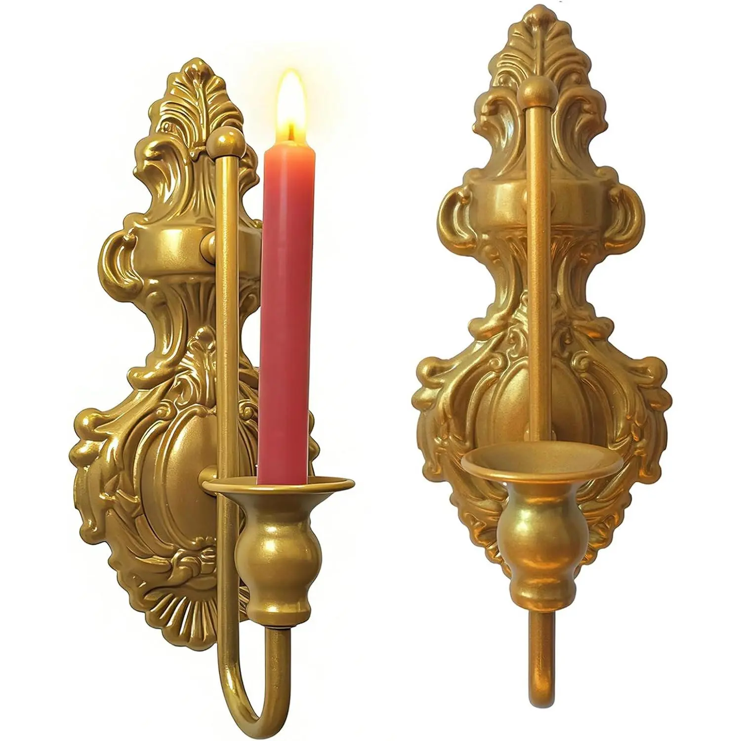Wall Sconce Candle Holder, Metal Wall Mounted Candlestick Holder, Iron Handcrafted Sconce with Vintage Gold Finish for Room, Hallway, Entryway, Bathroom, 2 Pack (A)