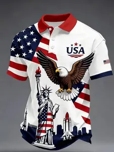 250th Anniversary Men's Short Sleeve Polo Shirt, Statue of Liberty Eagle Rocket Print, Patriotic Flag Style, Casual Slim-Fit Long Tee