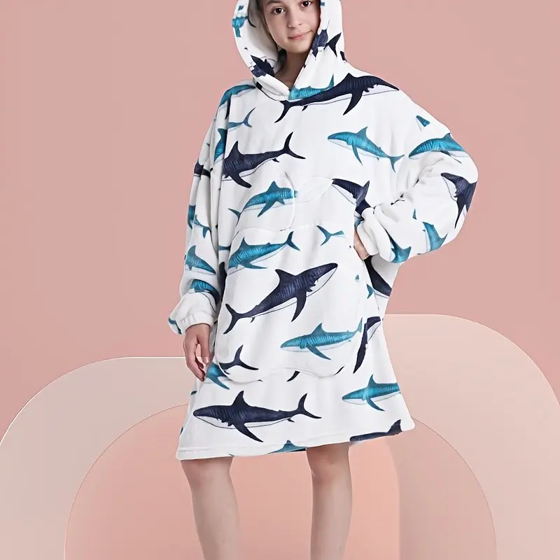 1pc Whale Print Baby Bathrobe, Hooded Sleepwear, Stylish Sleepwear, Large Apple Pocket, Flame Retardant Fabric, Fits 47.24-55.11 Inch Babies