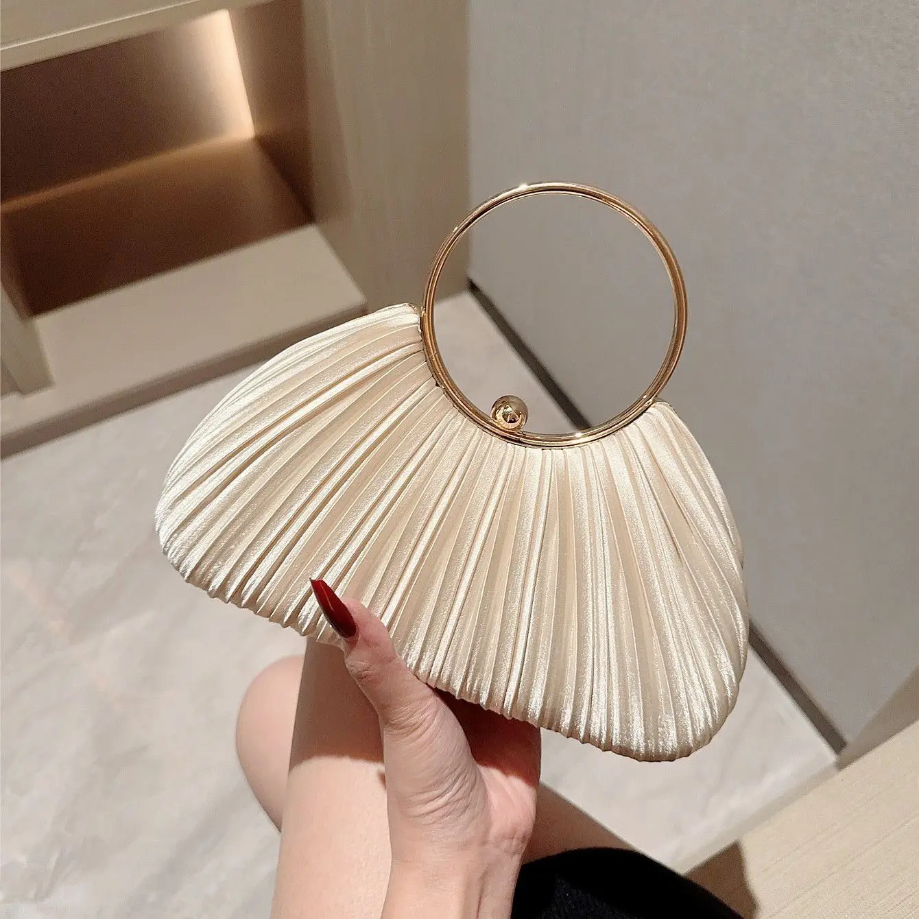 Women's Polyester Satin Pleated 1-Shoulder Small Evening Carry Bag - Ring Handle Handbag with Lock Closure for Prom Parties, Formal Look Outfits