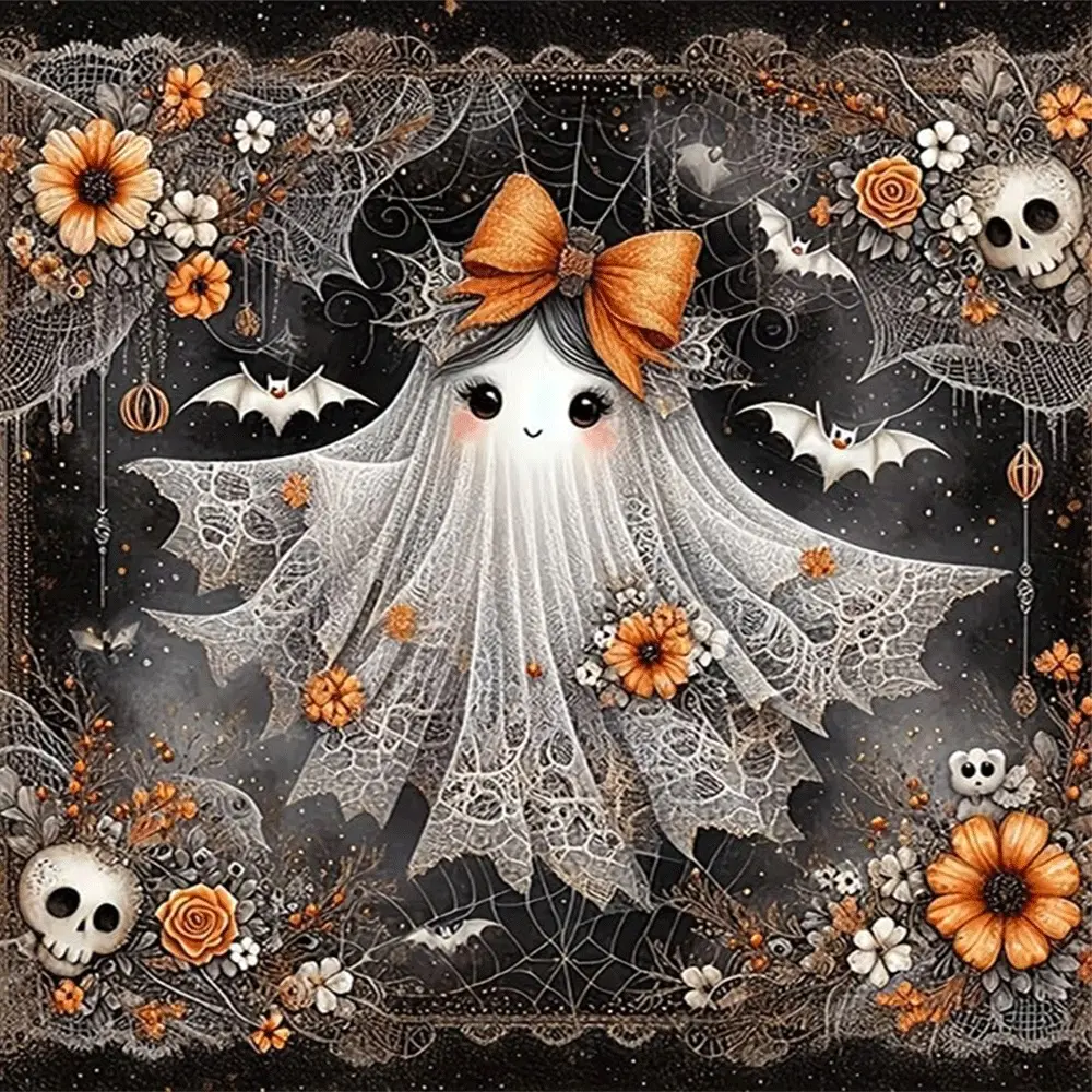 1PC,2D Halloween Cute Ghost Diamond Painting Kit with Bow Spider Web Bat Skull Floral Pattern DIY Rhinestone Embroidery Arts Crafts for Home Wall Decor Adults Kids Holiday Gift