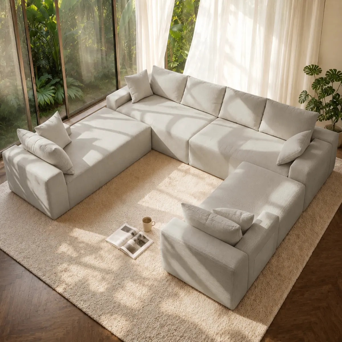 124.4in U-Shape Corduroy Modular Sectional Sofa - Indoor Furniture, Side Pockets, Deep Seat, No Assembly Needed, Modern Sofas Living Room, Corduroy Foam, for Apartment