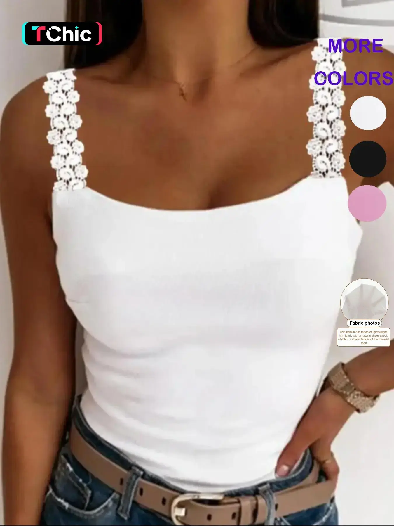 Women's Basic Contrast Lace Cami Top, Bodycon Camisole, Casual Solid Color Sleeveless Top for All Seasons, Ladies Clothes for Daily Wear