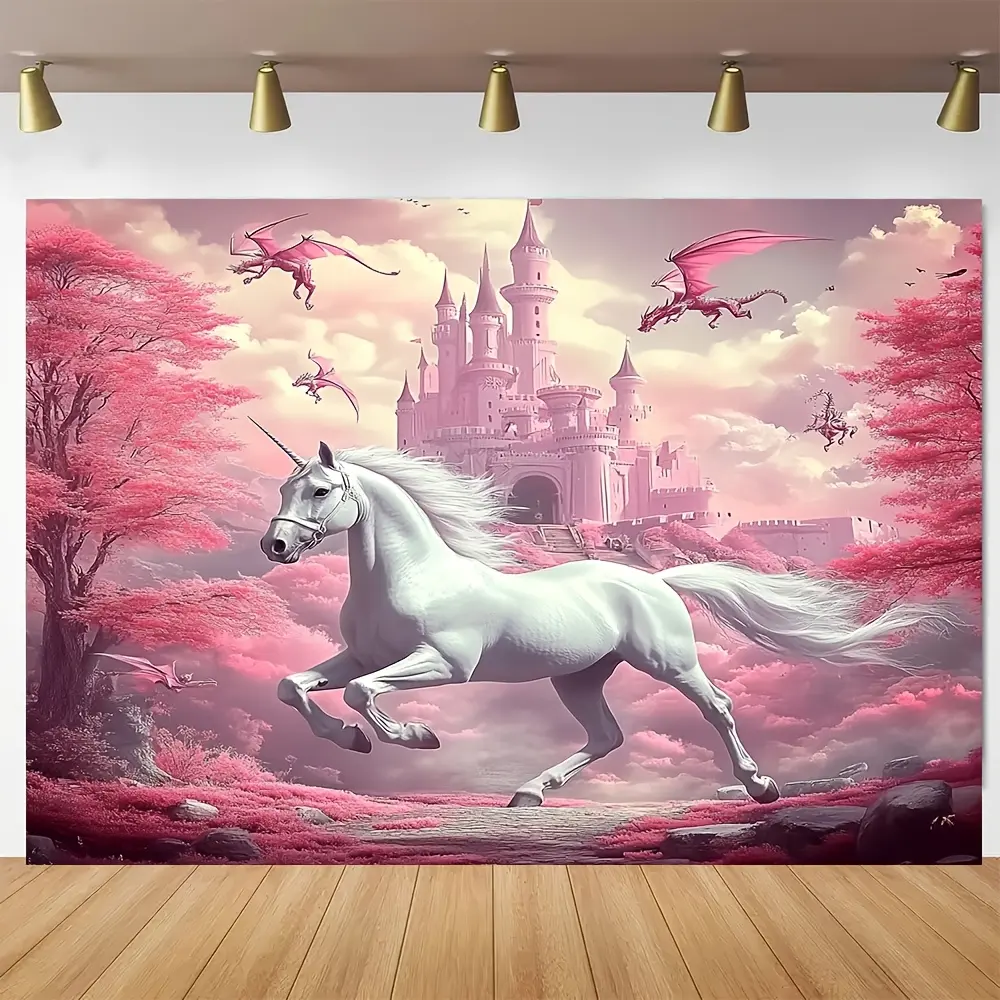 Pink Unicorn & Gothic Castle Wall Tapestry Polyester,Perfect for Indoor & Outdoor Party Decor, Vibrant Fantasy Design, Indoor Backdrop | Vibrant Fantasy Tapestry
