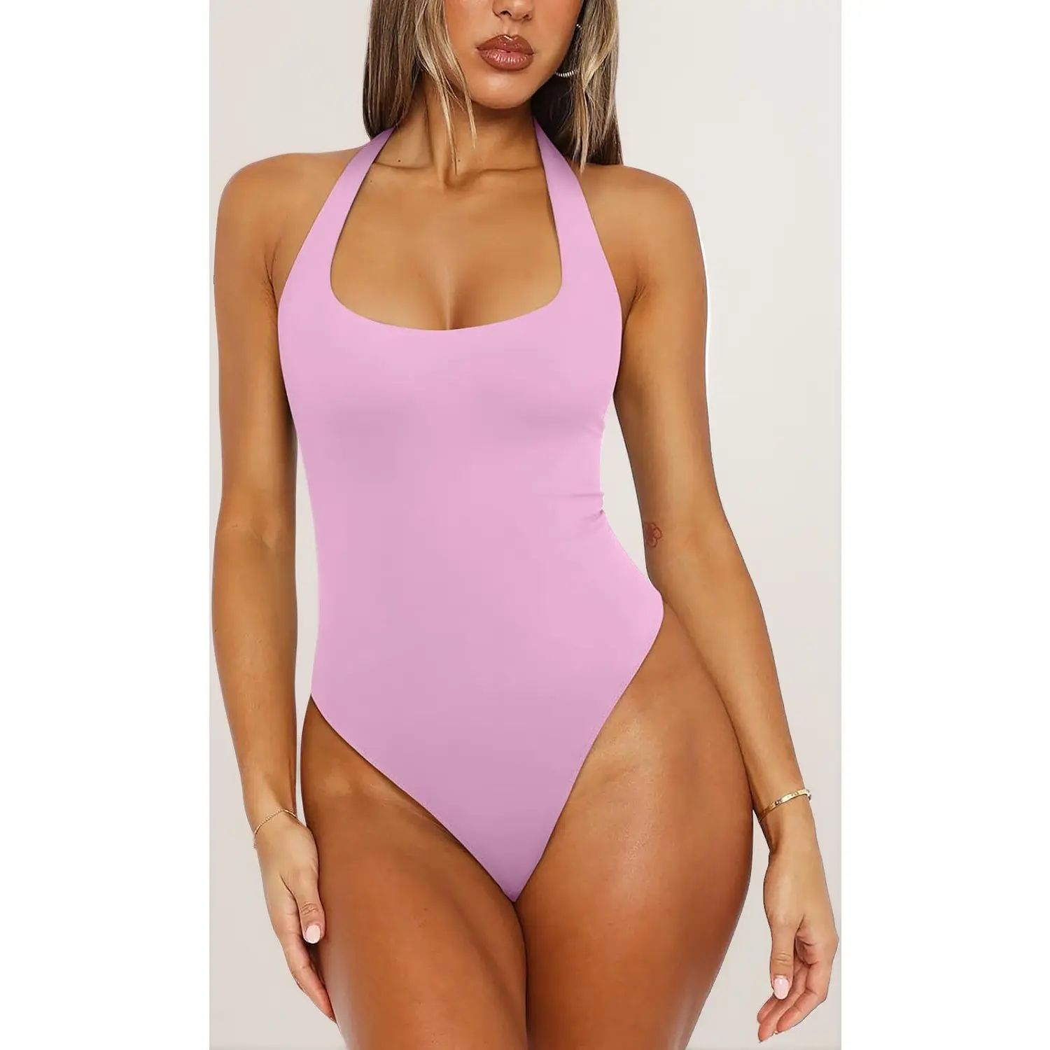 Women's Lady Double-Lined Sleeveless Deep Scoop Neck Halter Backless Bodysuit, Vacation Outfits