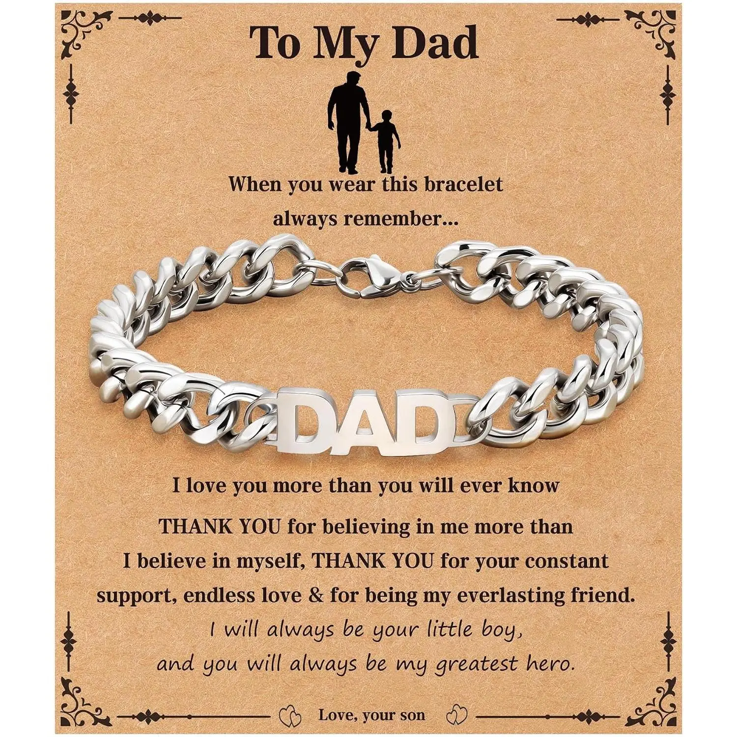 Bracelet for Dad/ Dad/Daddy/Papa/Stepdad/Son, Birthday Gifts Stainless Steel Cuban Chain  for Men 8.2 Inches