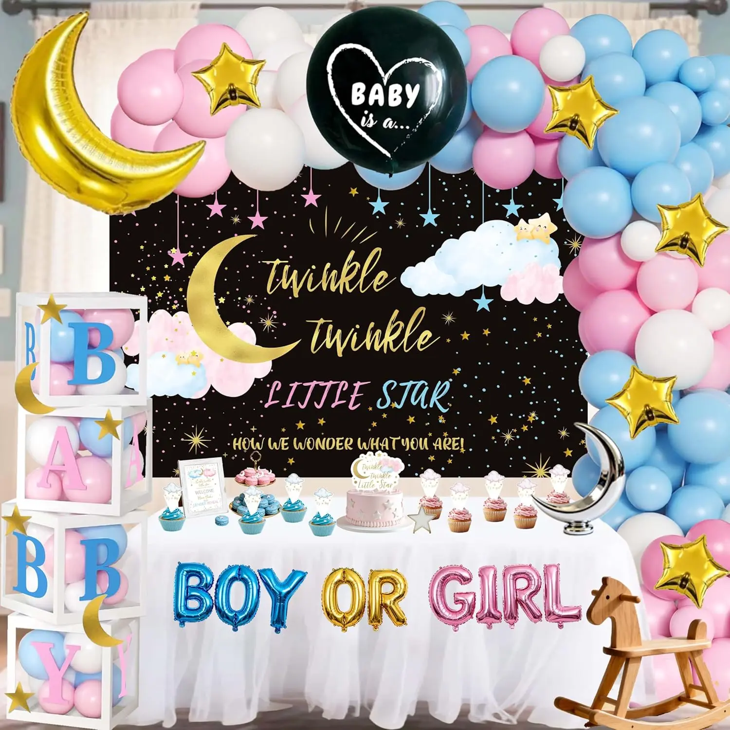 Twinkle Twinkle Little   Decorations - Moon and  Theme Party Supplies Include Balloon Garland Arch, Backdrop, 4 Boxes, Boy or Girl Foil Balloons - How We Wonder What You Are