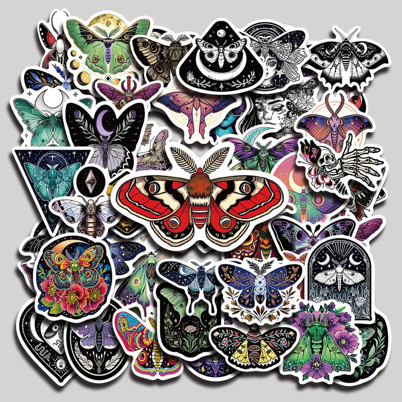 50PCS Moon and Moth Aesthetic Vinyl Illustration Stickers Pack for Laptop Water Bottle Phone Case Skateboard Journal Scrapbook DIY Decoration