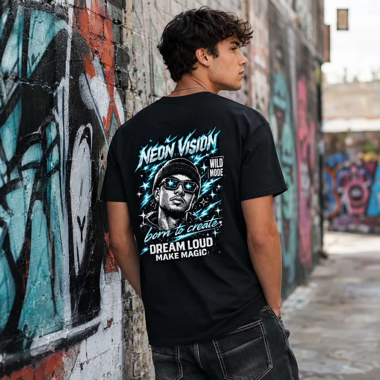 Men’s Neon Vision Graphic T-Shirt, Dream Loud Make Magic Back Print Short Sleeve Tee, Trendy Streetwear Casual Top for Everyday Wear