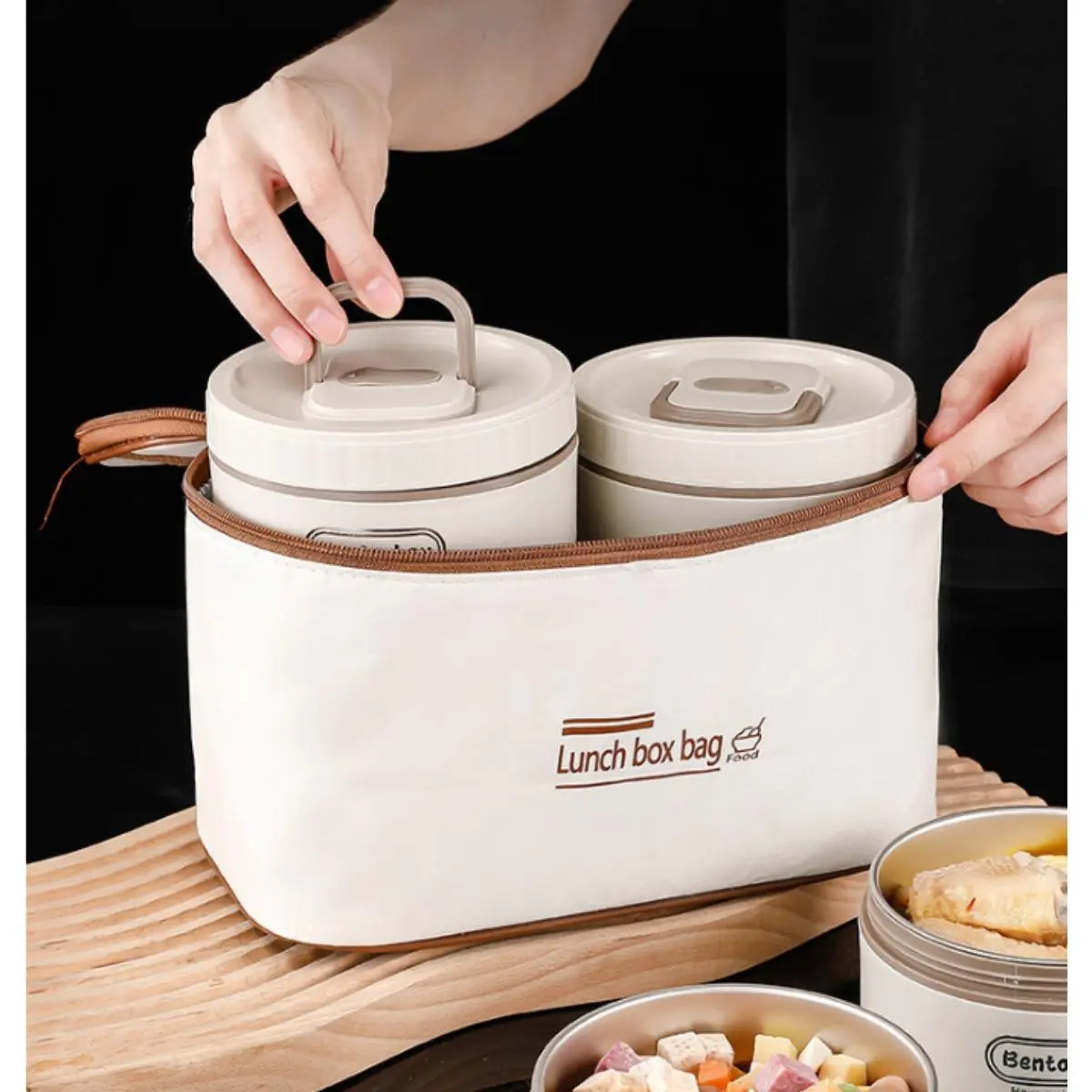 Stainless Steel Round Meal Prep Lunch Box Set, Stackable Leakproof Thermal Food Containers with Beige Storage Bag, Insulated Box, Reusable To‑Go Food Container for Adult Travel Daily Use