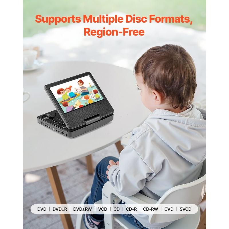 VEVOR Portable DVD Player, 9 inch HD Swivel Display Screen, 4 Hours Built - in Rechargeable Battery, Dual Speakers, Support Sync TV/USB/SD Card/CD/DVD, Car Charger, AC Power Adapter, Remote Control