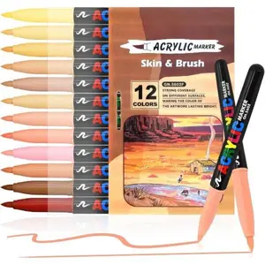 12 Skin Hue Art Marker Kit, Water Repellent Soft Flexible Brush Acrylic Paint Sticks, Quick Dry Adjustable Thickness Drawing Tools for Portraiture, Timber, Glassware, Fabrics
