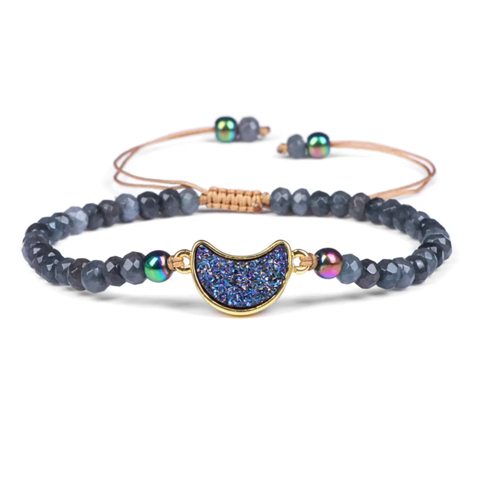 Natural Stone Druzy Heart Bracelet for Women Faceted Sodalite Beads Handcrafted Braided Cord Adjustable Healing Crystals Boho Trendy Jewelry Gift