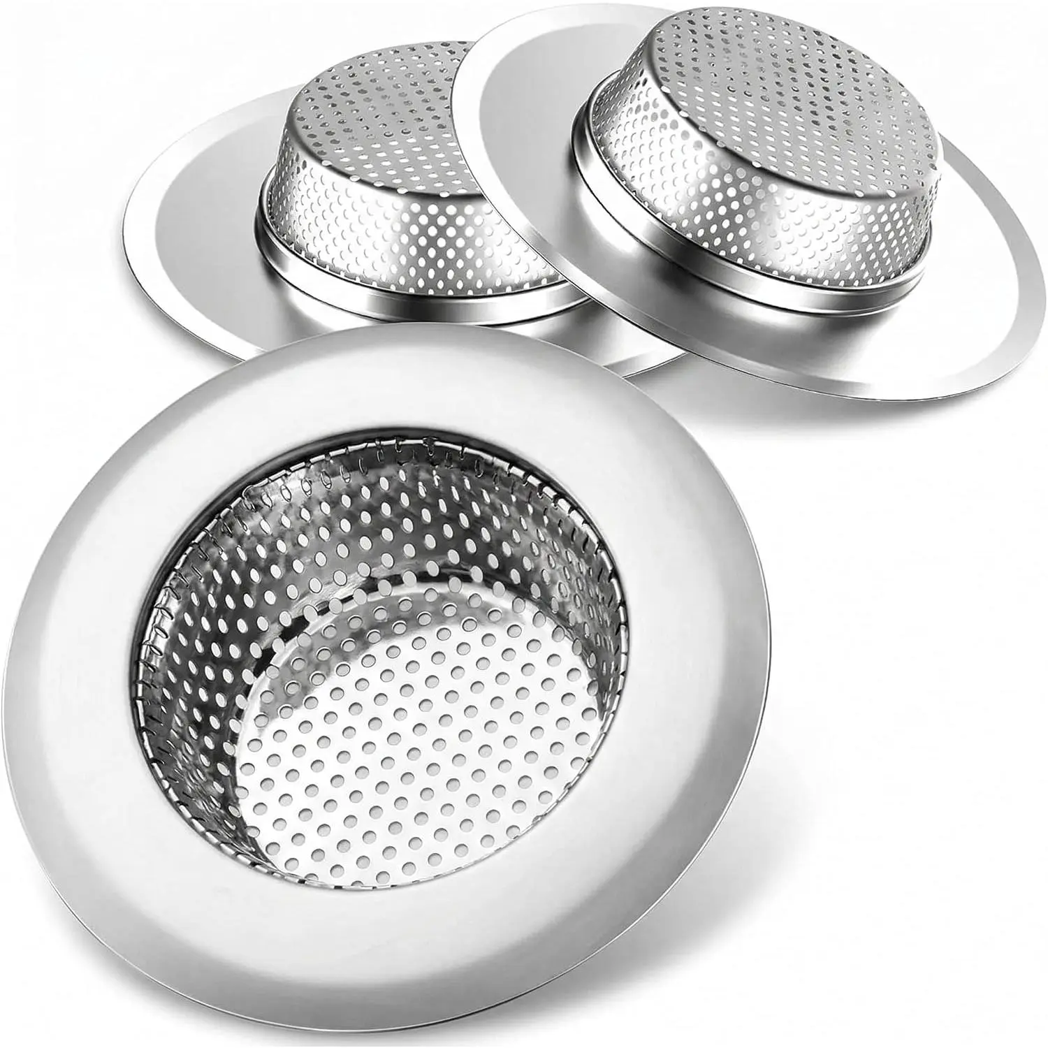 3-Pack Kitchen Sink Strainer, Stainless Steel Drain Filter with Large 4.5" Wide Rim, Dishwasher Safe, Anti-Clog Perforated Basket for Standard Drains, Garbage Disposals & Utility Tubs