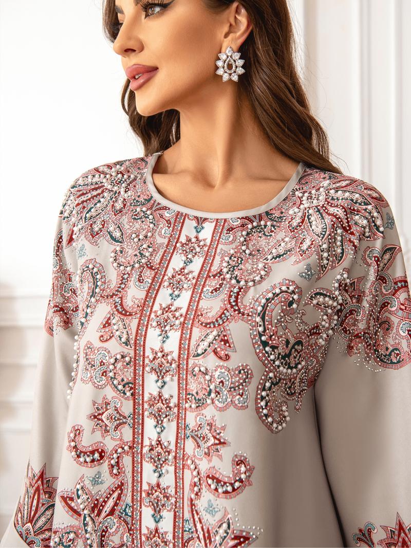 Women's Ethnic Pattern Faux Pearl Decor Long Dress, Boho Long Sleeve Round Neck Dress for Vacation Holiday Wedding Guest, Ladies Islamic Clothing for All Seasons