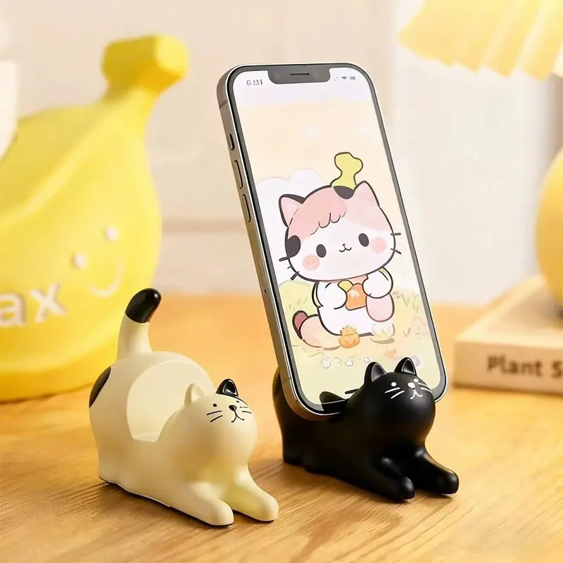 Ceramic Stretching Cat Smartphone Stand, Zakka Style Miniature Statue, Universal Office Desk Accessory for Home Decor Gift, Desk Accessories, Decorative Gift, Zakka Craft, Mini Size, Office Desk Accessories